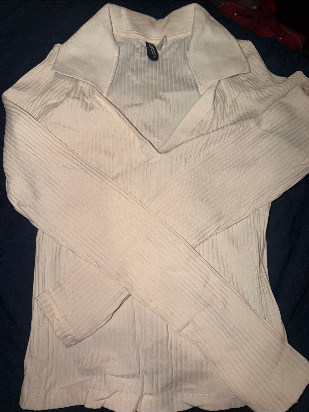 Ribbed V‑Neck Long Sleeve Top with Collar - Cream